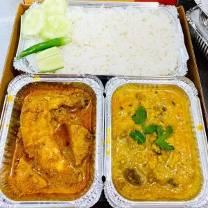 Chicken curry, Muri ghonto with moong dal, Steamed Rice